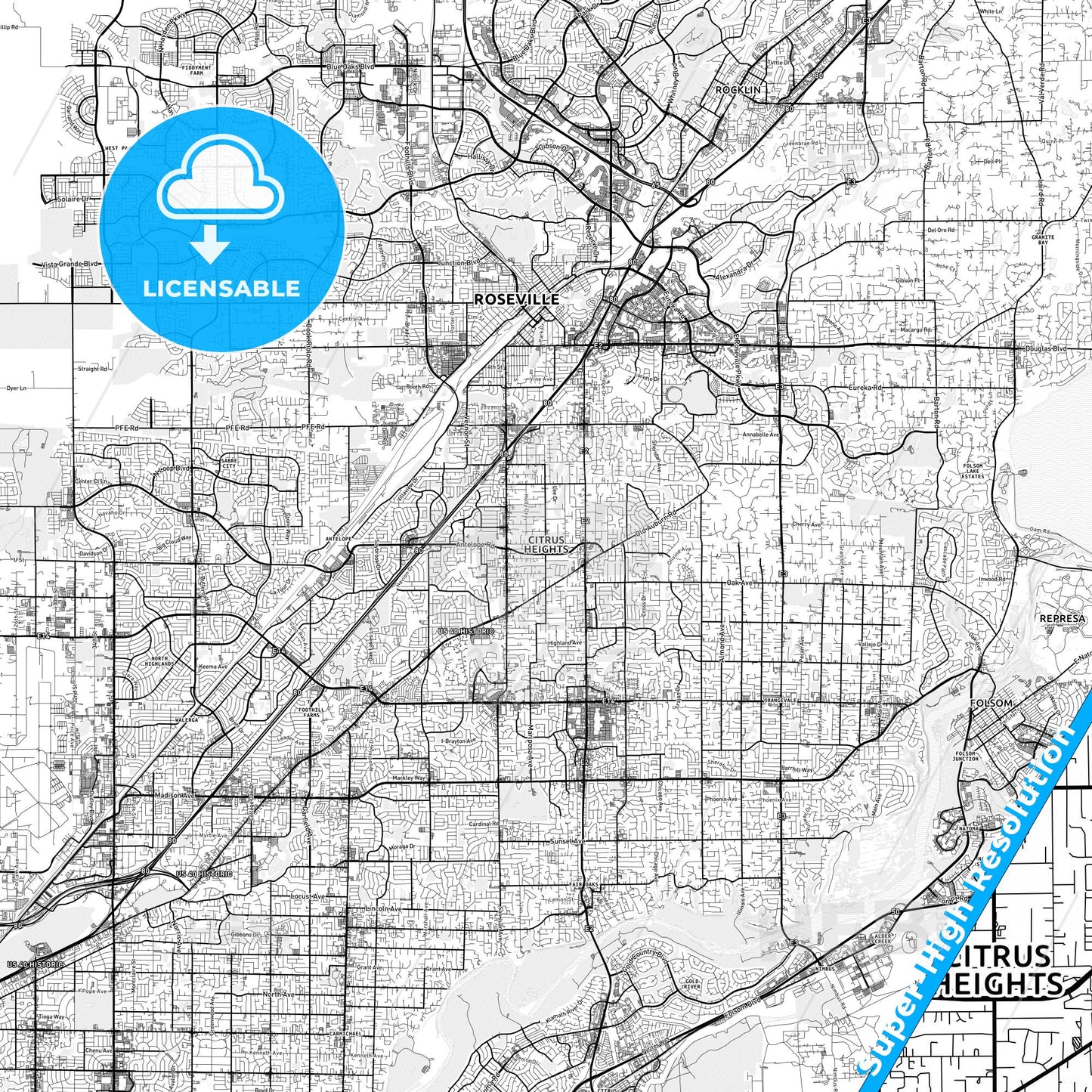 Citrus Heights, California light map with streetnames, citynames and districts