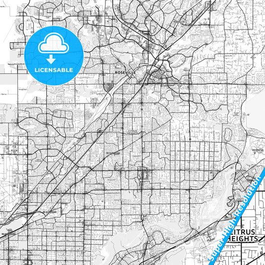 Citrus Heights, California light map with streetnames, citynames and districts
