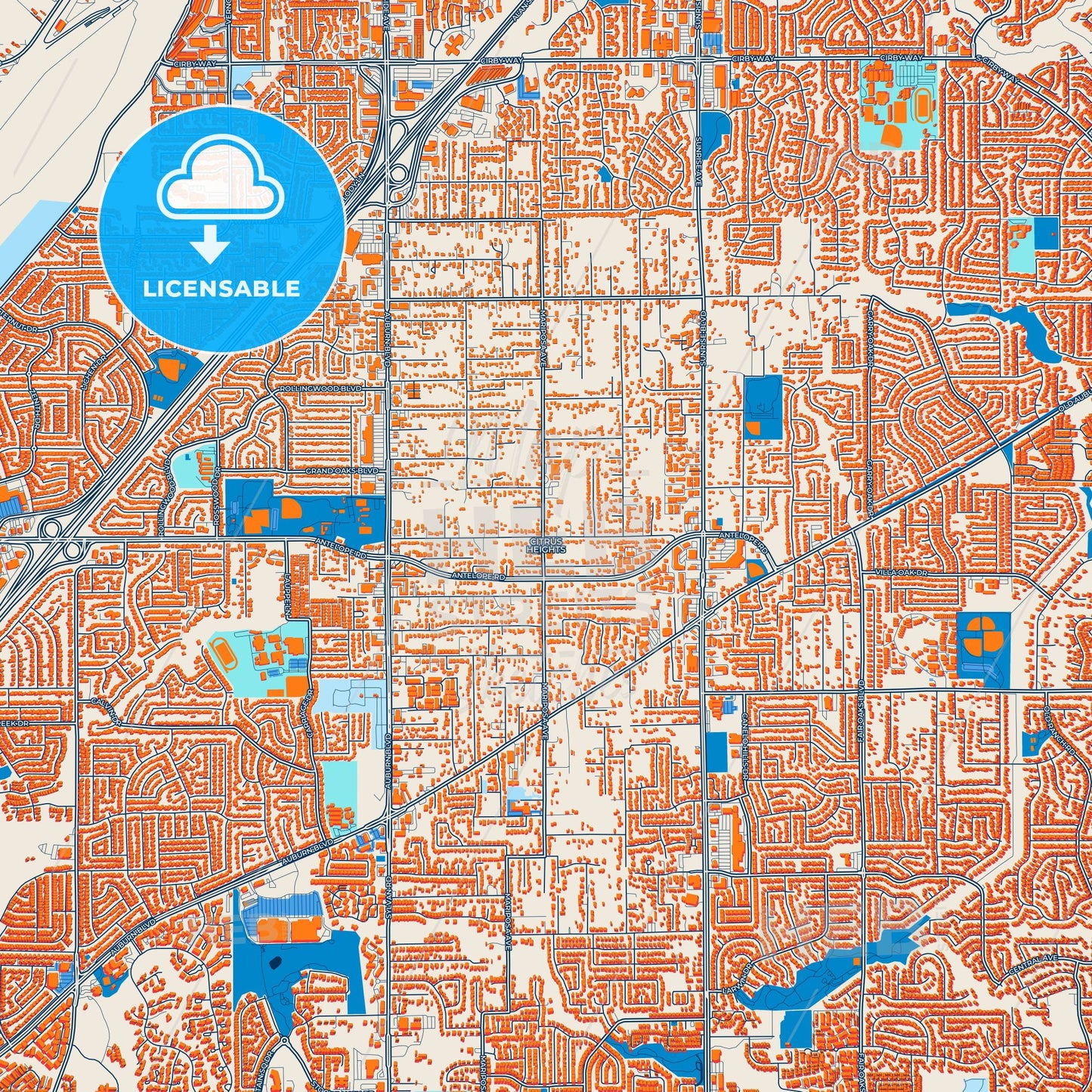 Colorful Citrus Heights Street Map with Labels and Buildings