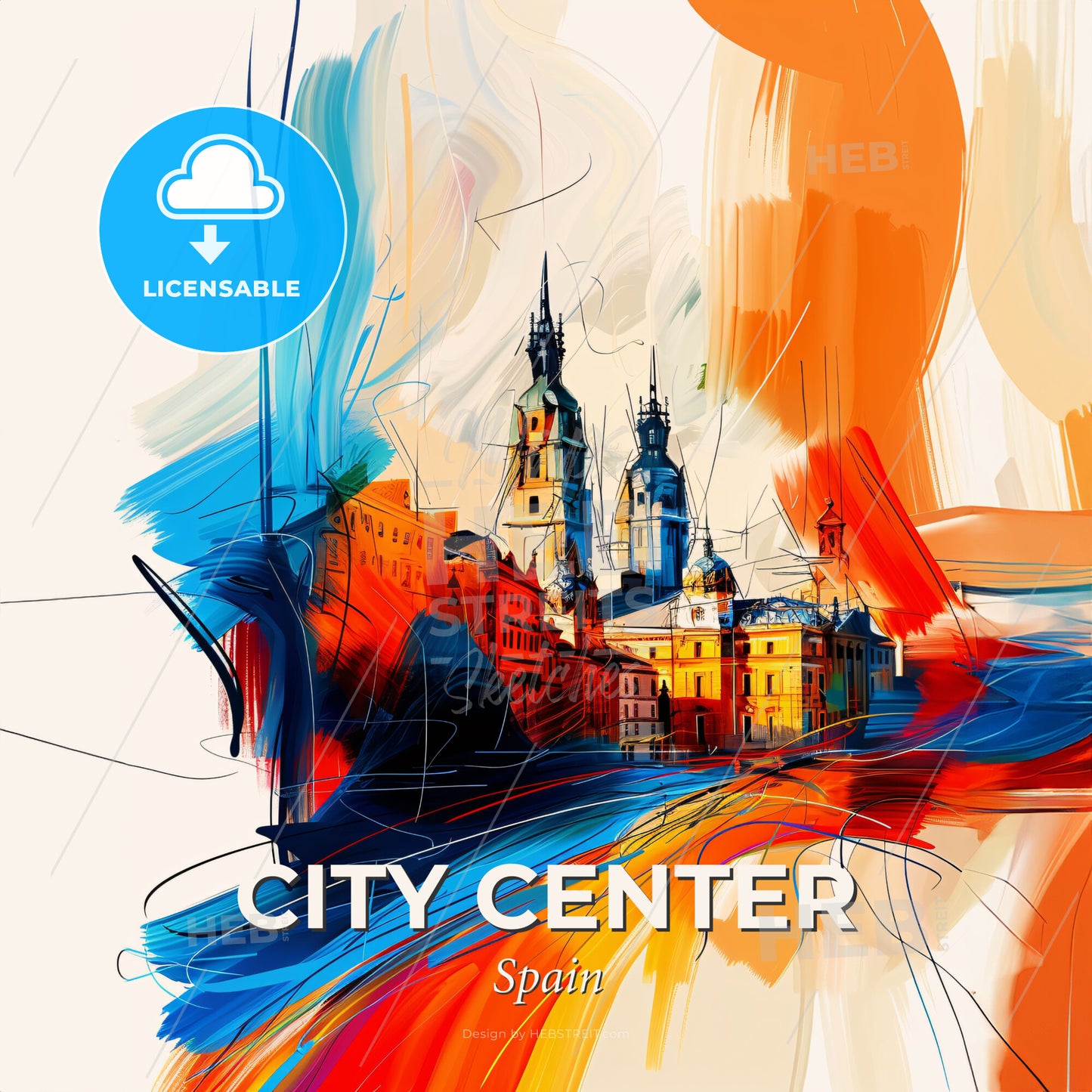 Vibrant City Center, Spain - A Colorful Painting Of A Building - Square format print template