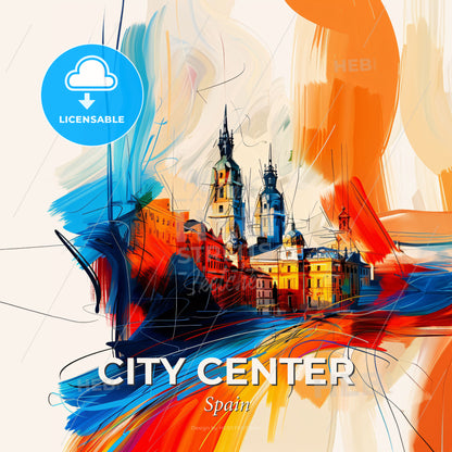 Vibrant City Center, Spain - A Colorful Painting Of A Building - Square format print template