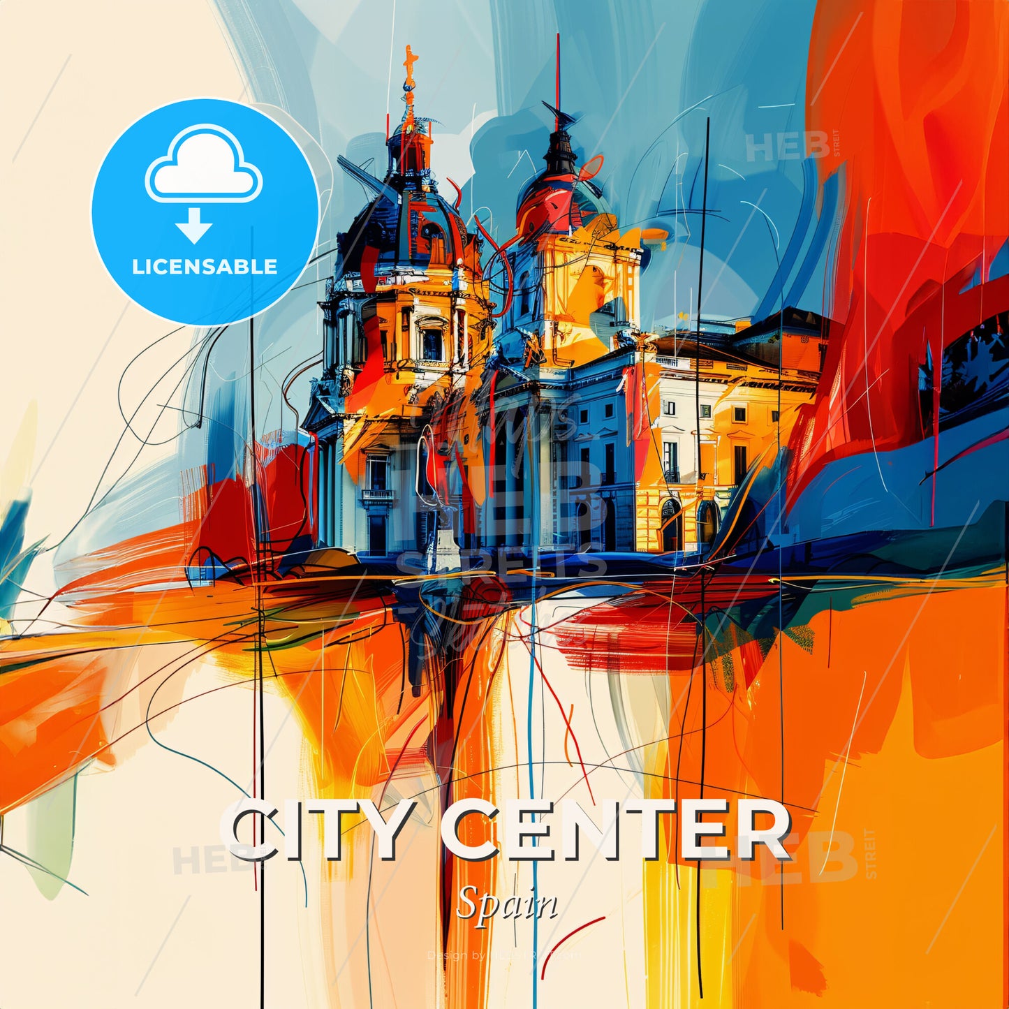 Vibrant City Center, Spain - A Painting Of A Building - Square format print template