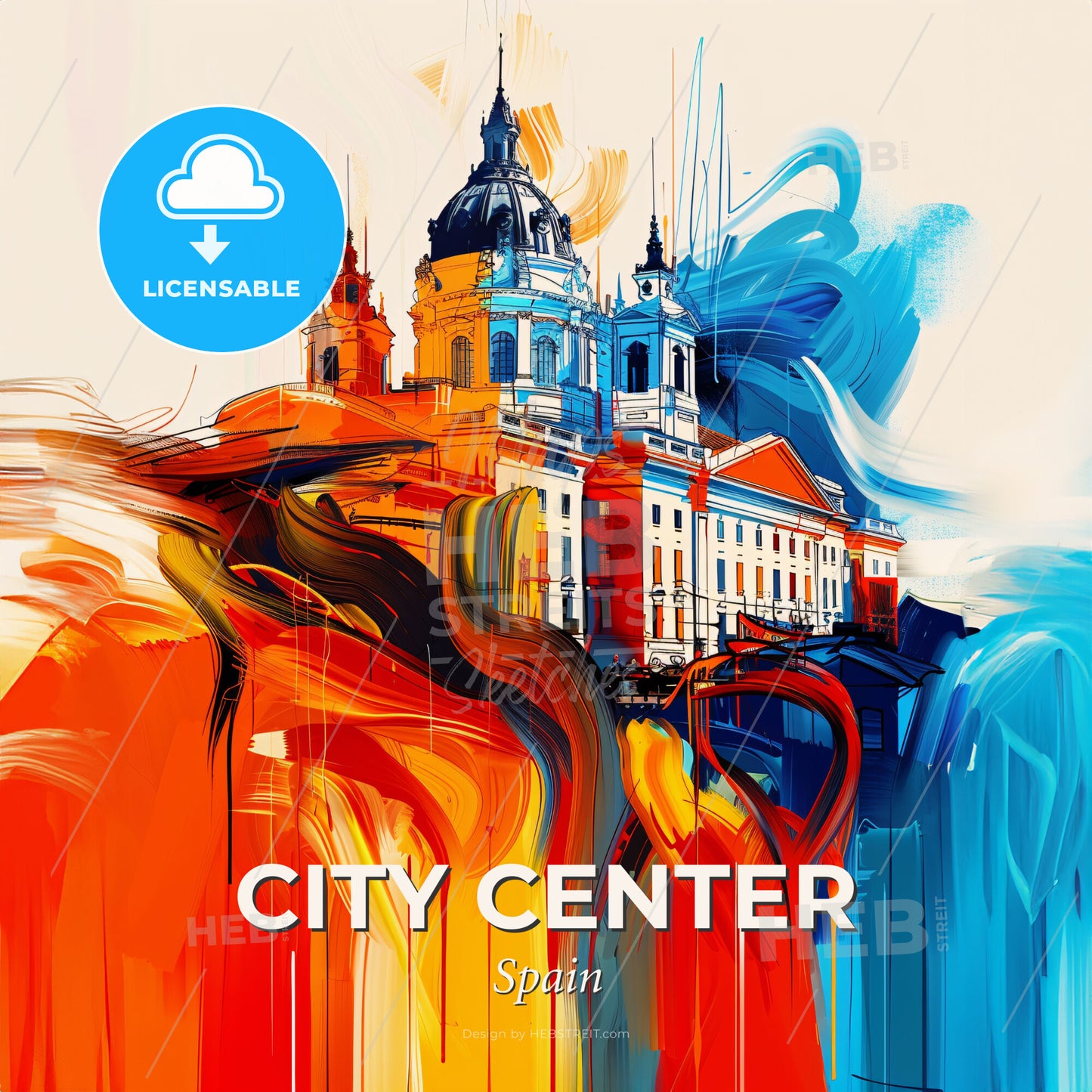 Vibrant City Center, Spain - A Colorful Painting Of A Building - Square format print template