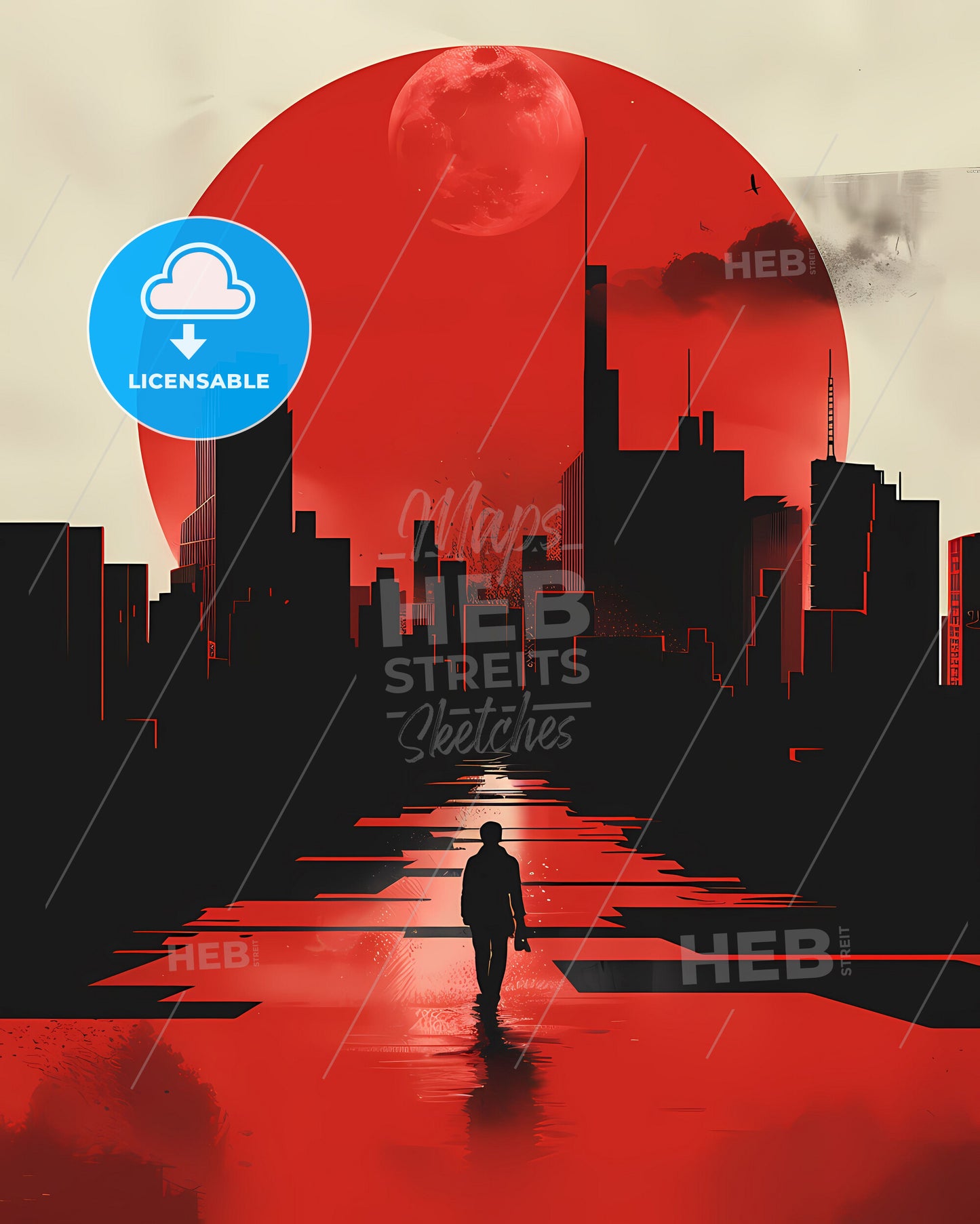 City Walk Illustration 2D Red Black Abstract Art Painting Modern Design Cityscape