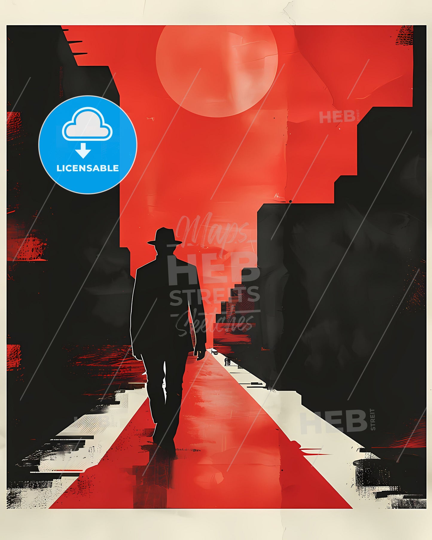 Modern City Walk Art: Vibrant Red and Black Street Scene with Walking Figure