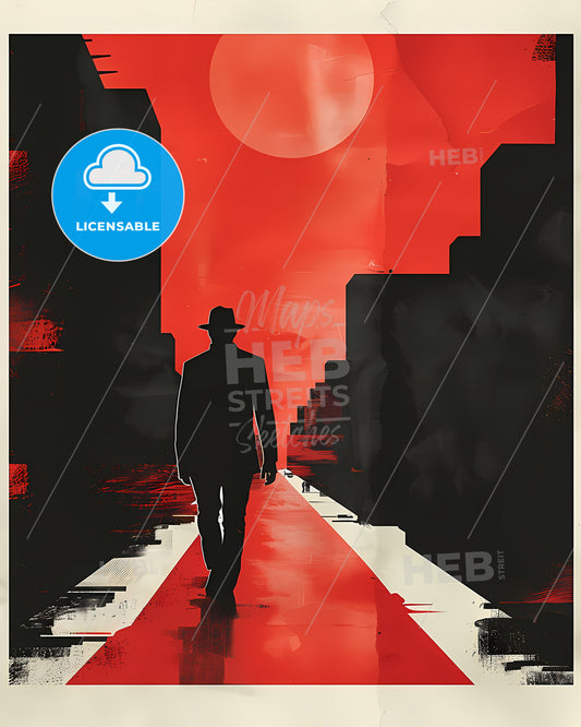 Modern City Walk Art: Vibrant Red and Black Street Scene with Walking Figure