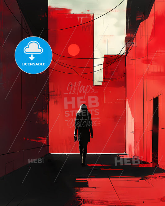 Cityscape painting, modern art, hallway, red and black, digital painting, 2D, minimalist, graphic design, abstract