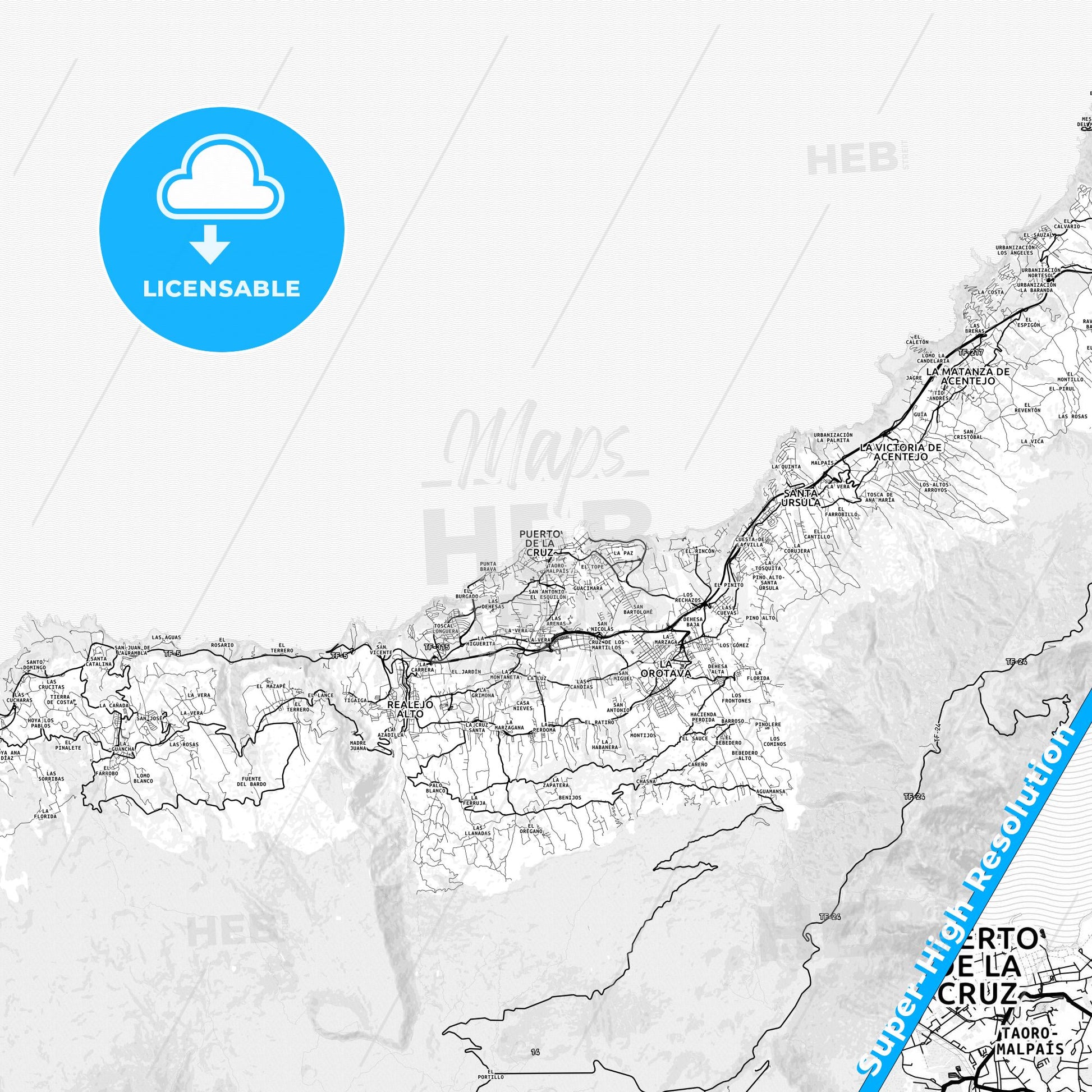 City Center, Spain light map with streetnames, citynames and districts