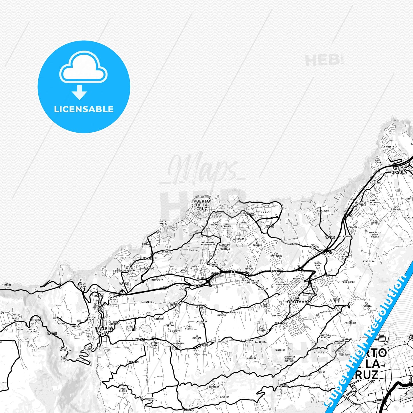 City Center, Spain Light Map with Street Names, City Names, and Districts