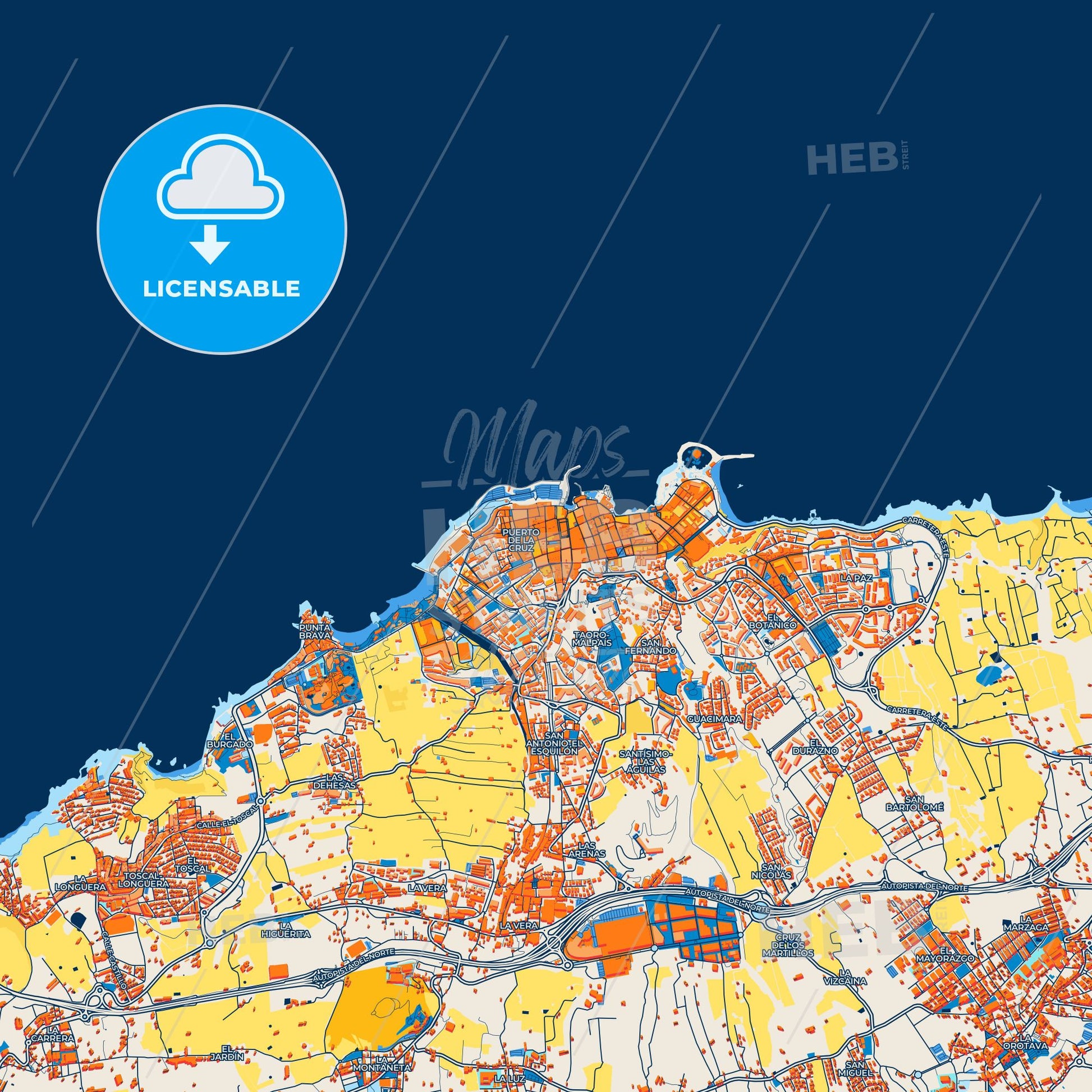 Colorful City Center Street Map with Labels and Buildings