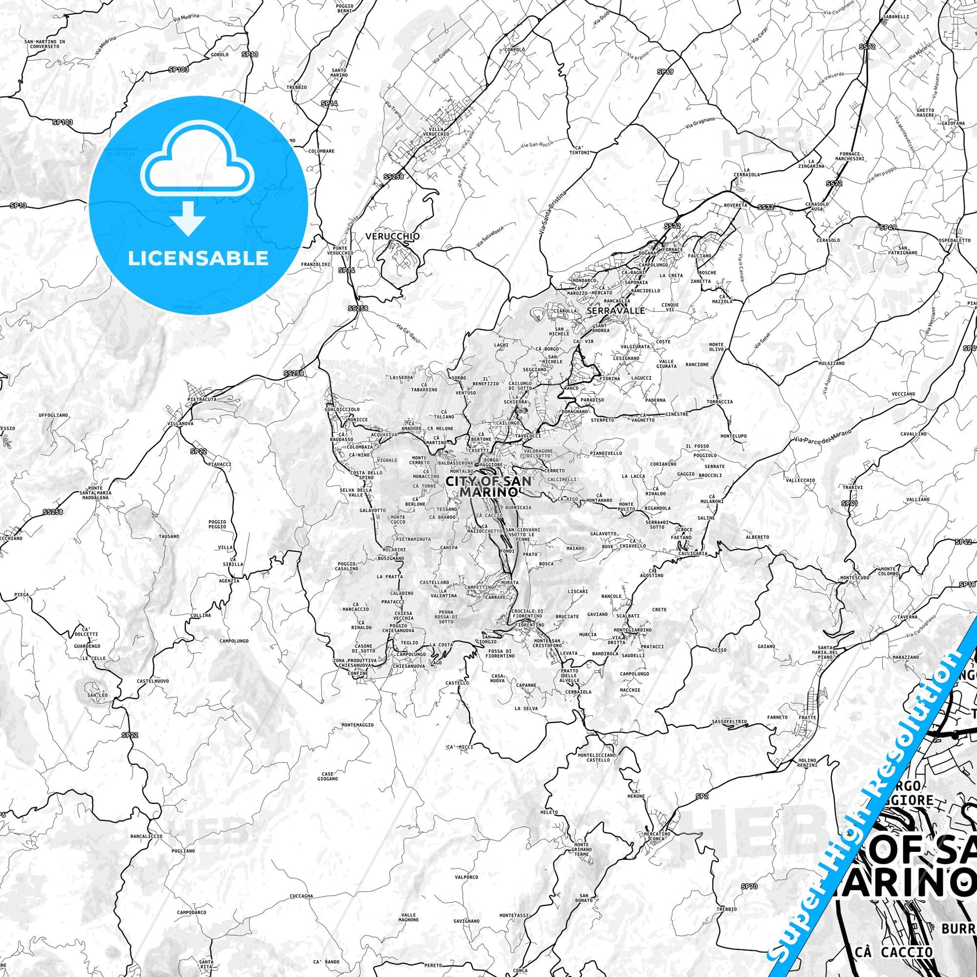 City of San Marino, San Marino light map with streetnames, citynames and districts