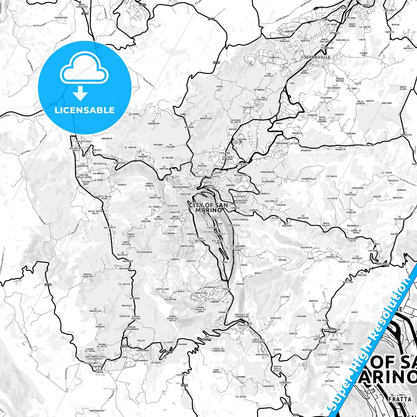 City of San Marino, San Marino Light Map with Street Names, City Names, and Districts