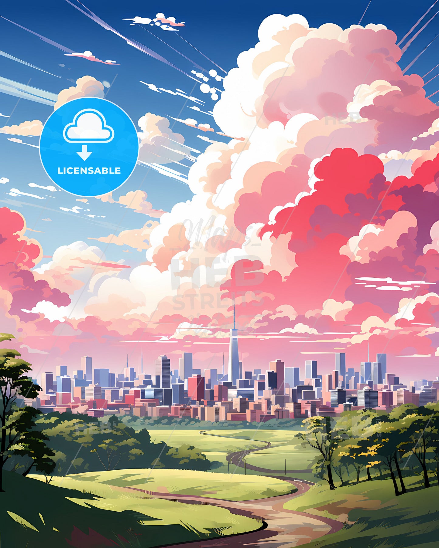 Vibrant Painting Landscape Skyline of Ciudad Bolivar Venezuela with City and Trees