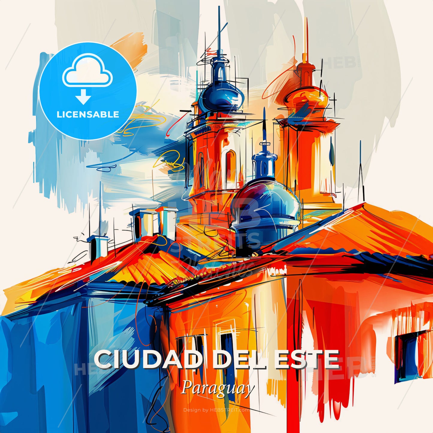 Vibrant Ciudad Del Este, Paraguay - A Painting Of A Building With A Tower - Square format print template