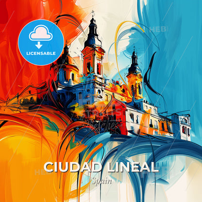 Vibrant Ciudad Lineal, Spain - A Painting Of A Building With Towers And A Colorful Background - Square format print template