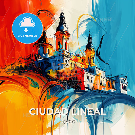 Vibrant Ciudad Lineal, Spain - A Painting Of A Building With Towers And A Colorful Background - Square format print template