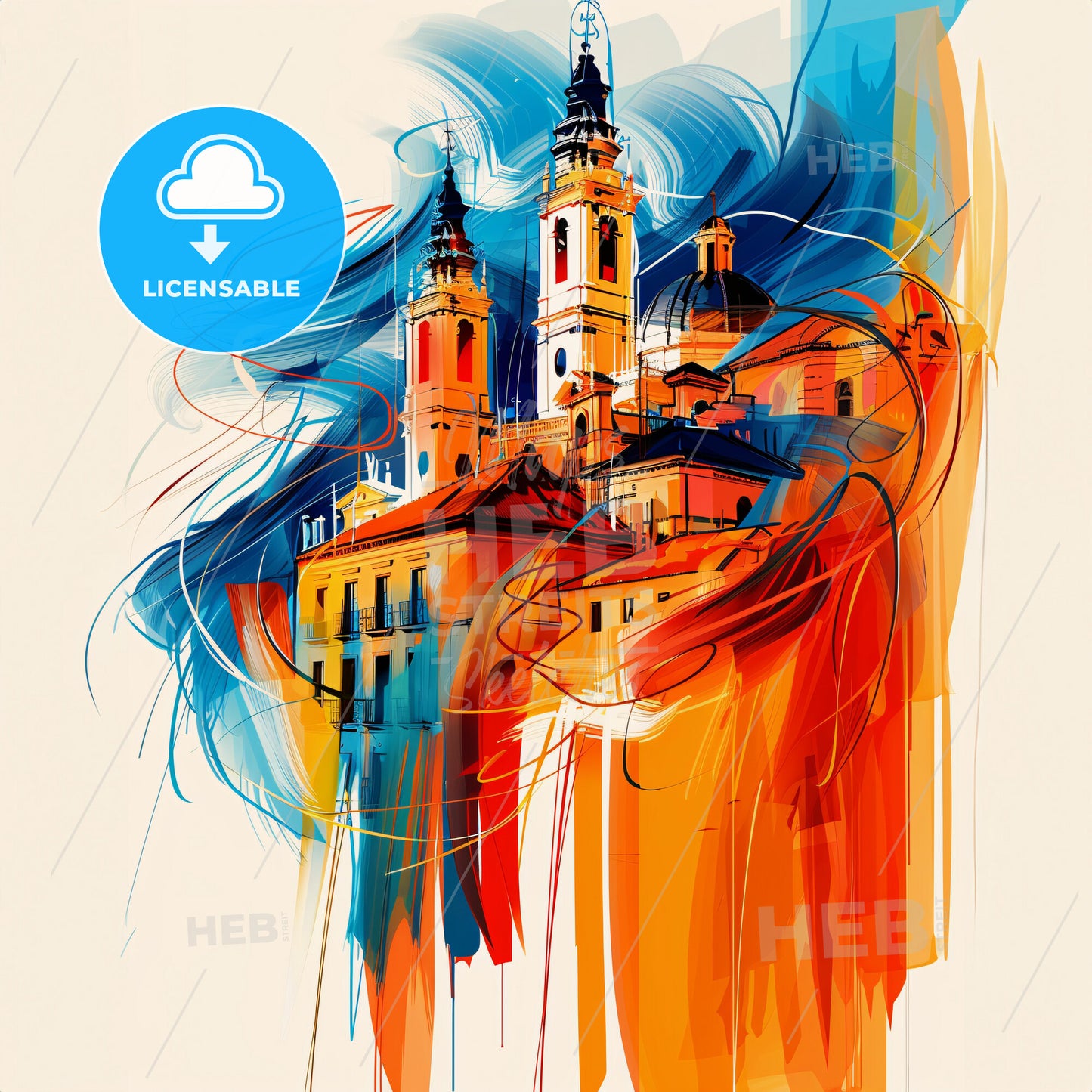 Vibrant Ciudad Lineal, Spain - A Painting Of A Building With Towers And A Blue And Orange Background