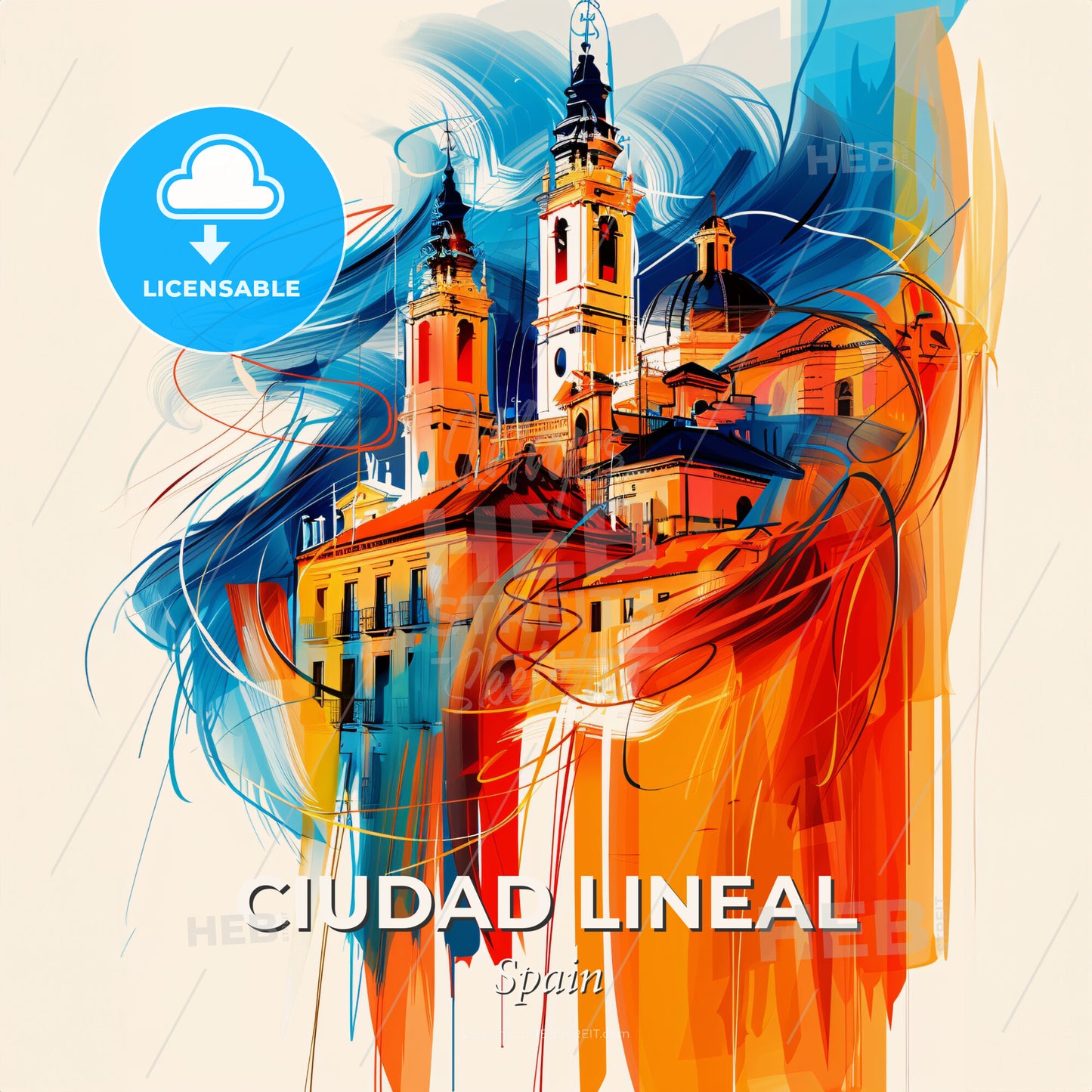 Vibrant Ciudad Lineal, Spain - A Painting Of A Building With Towers And A Blue And Orange Background - Square format print template