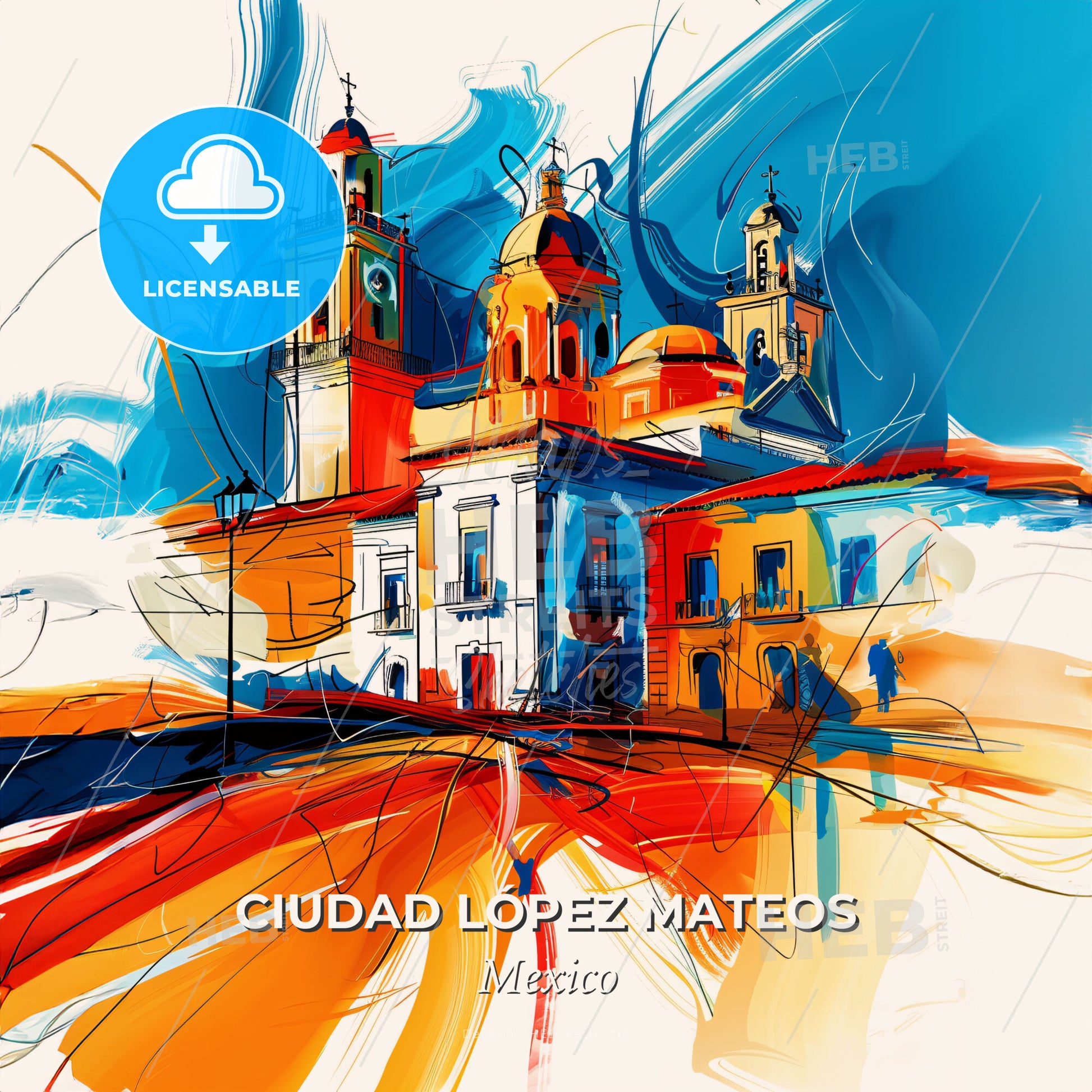 Vibrant Ciudad López Mateos, Mexico - A Painting Of A Building With Towers And A Blue And Orange Background - Square format print template