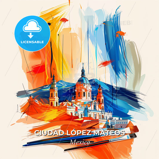 Vibrant Ciudad López Mateos, Mexico - A Painting Of A Building With A Colorful Background - Square format print template