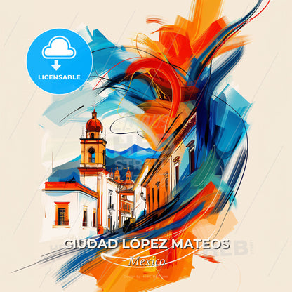 Vibrant Ciudad López Mateos, Mexico - A Painting Of A Building With A Tower - Square format print template