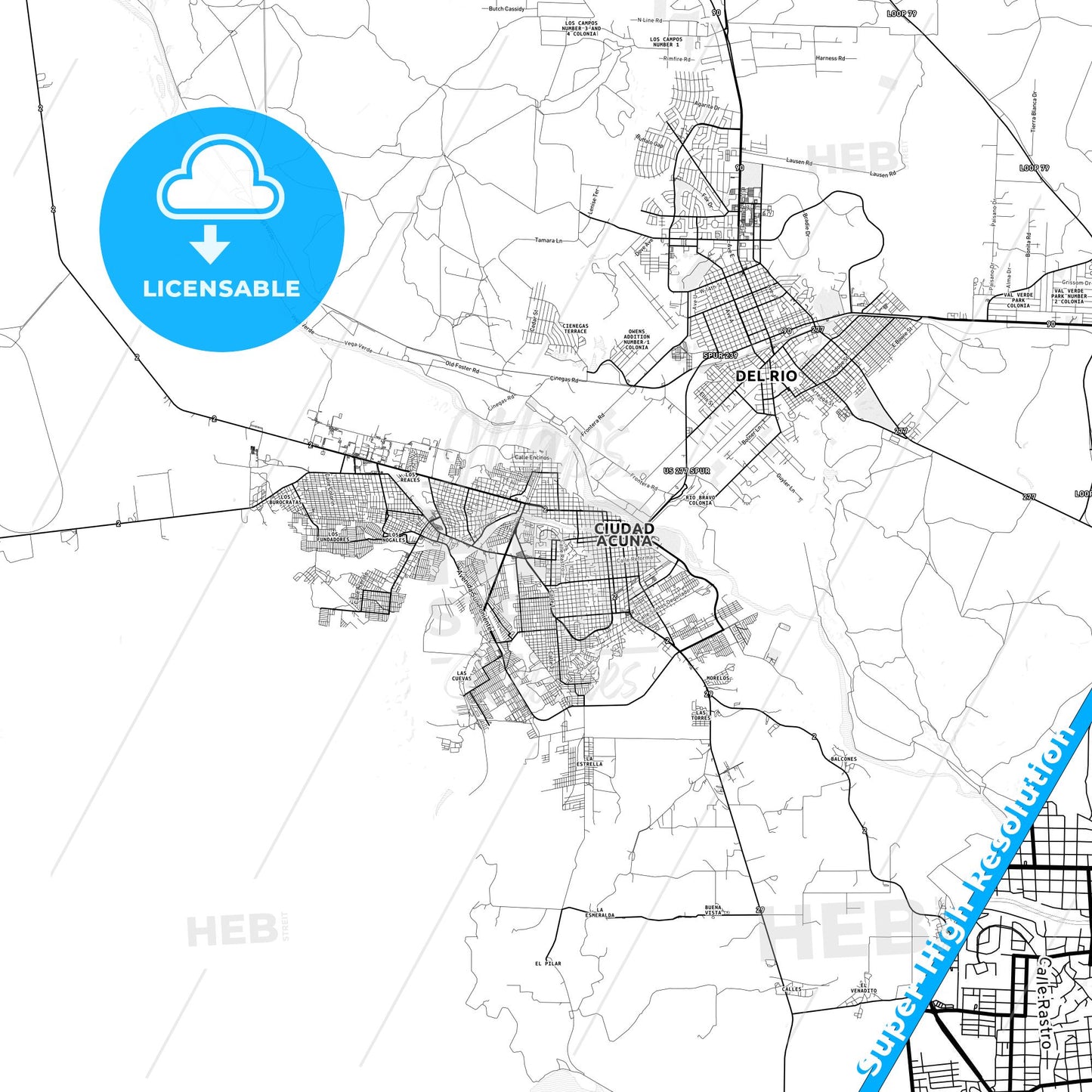 Ciudad Acuña, Mexico light map with streetnames, citynames and districts