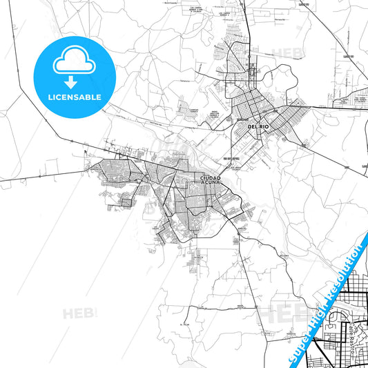 Ciudad Acuña, Mexico light map with streetnames, citynames and districts