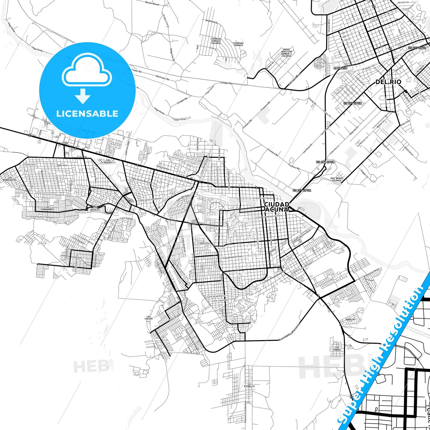 Ciudad Acuña, Mexico Light Map with Street Names, City Names, and Districts