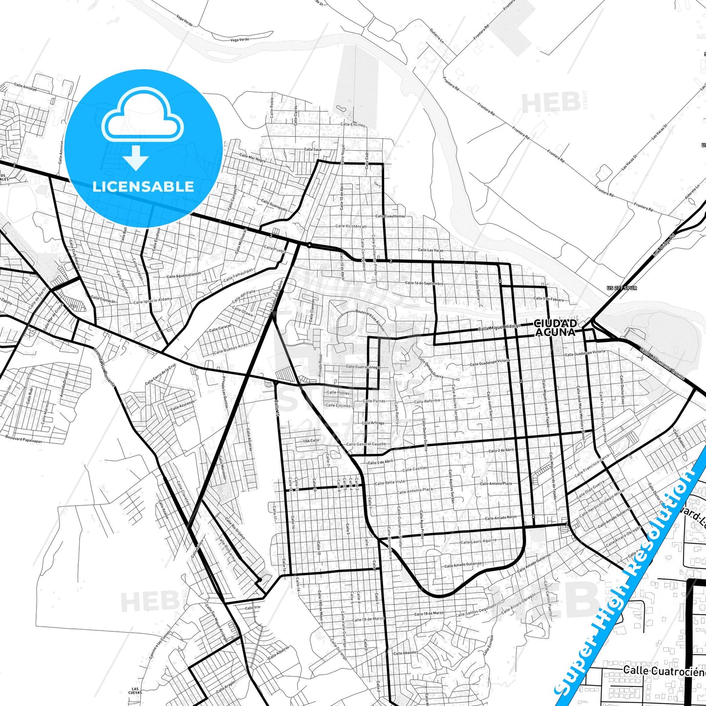 Ciudad Acuña, Mexico Light Map with Street Names, City Names, and Districts