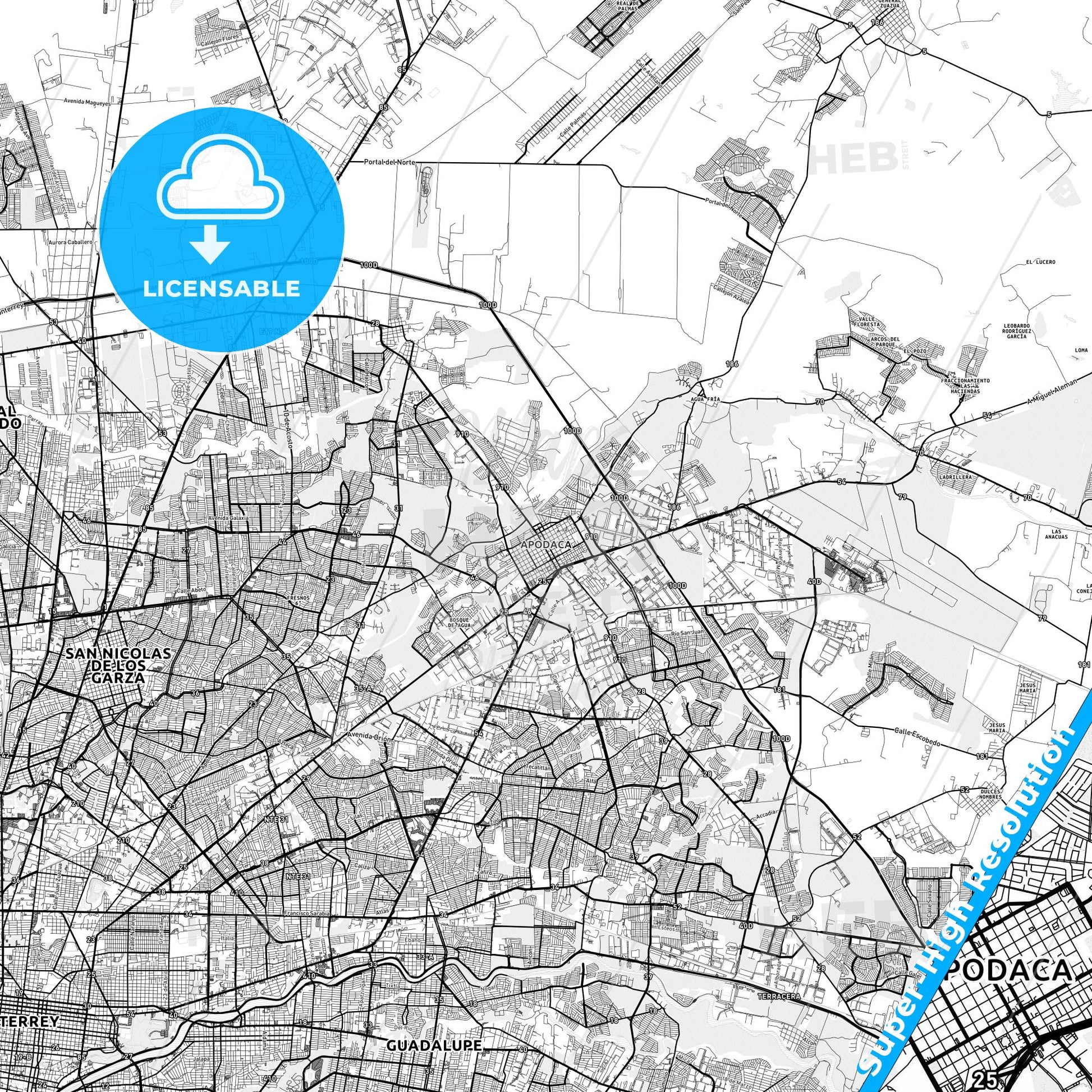 Ciudad Apodaca, Mexico light map with streetnames, citynames and districts