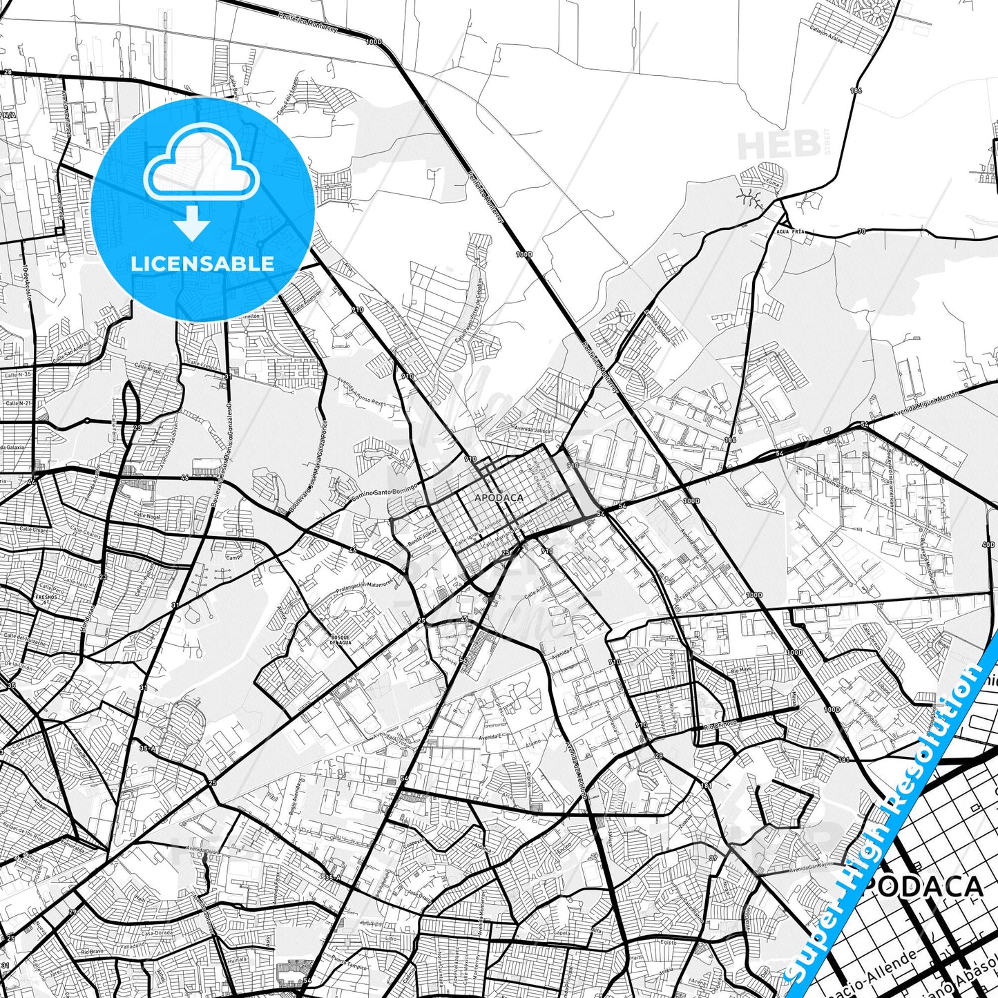 Ciudad Apodaca, Mexico Light Map with Street Names, City Names, and Districts
