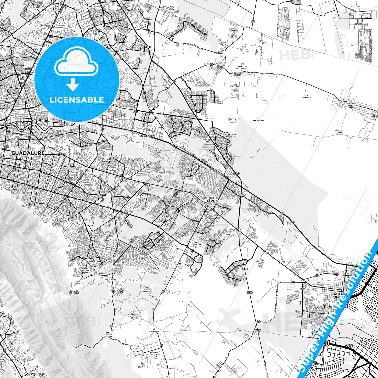 Ciudad Benito Juárez, Mexico light map with streetnames, citynames and districts