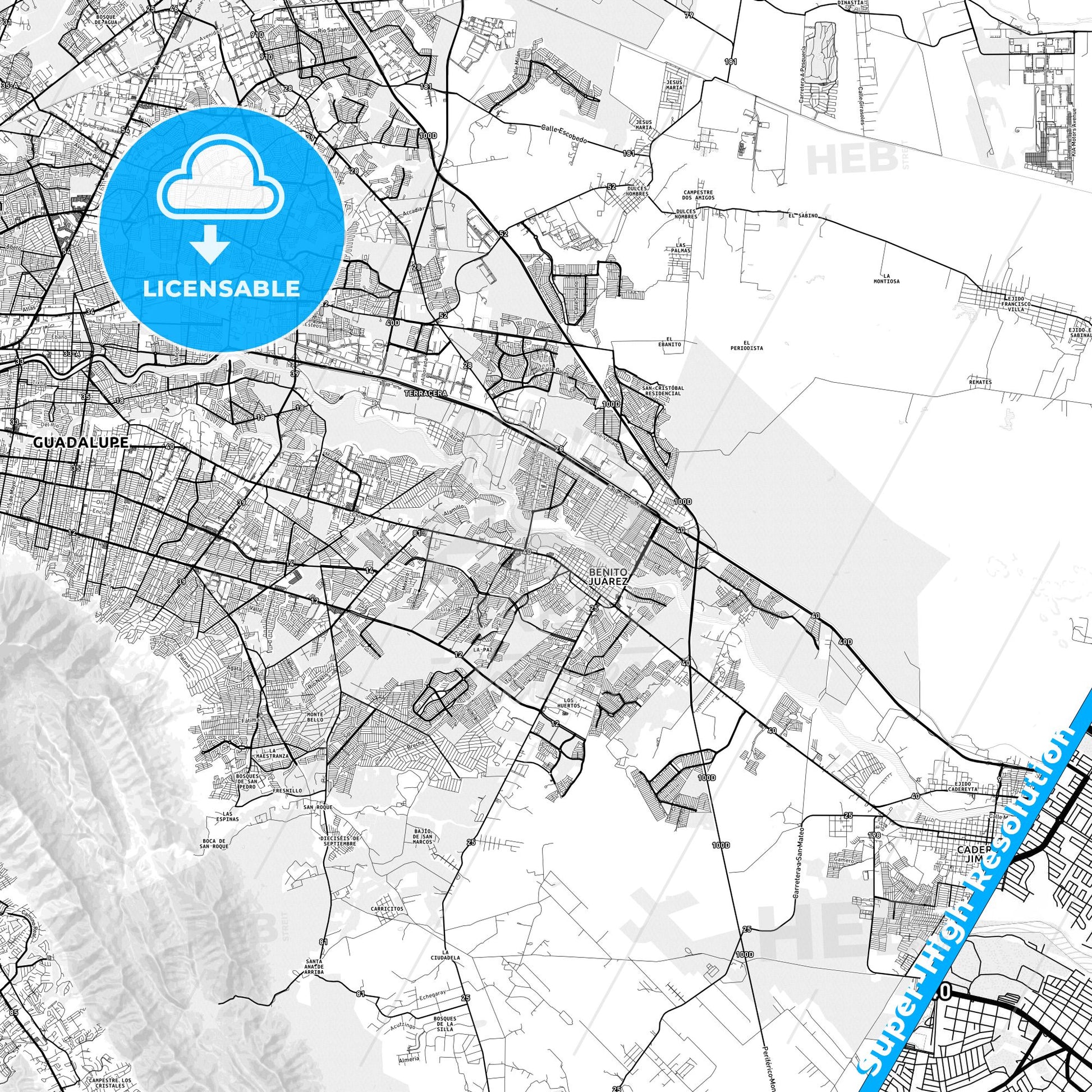 Ciudad Benito Juárez, Mexico light map with streetnames, citynames and districts