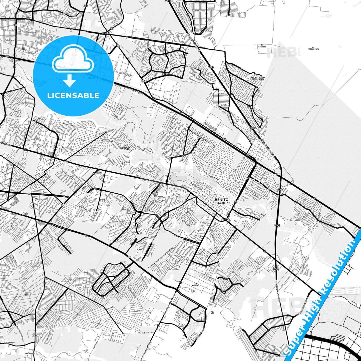 Ciudad Benito Juárez, Mexico Light Map with Street Names, City Names, and Districts