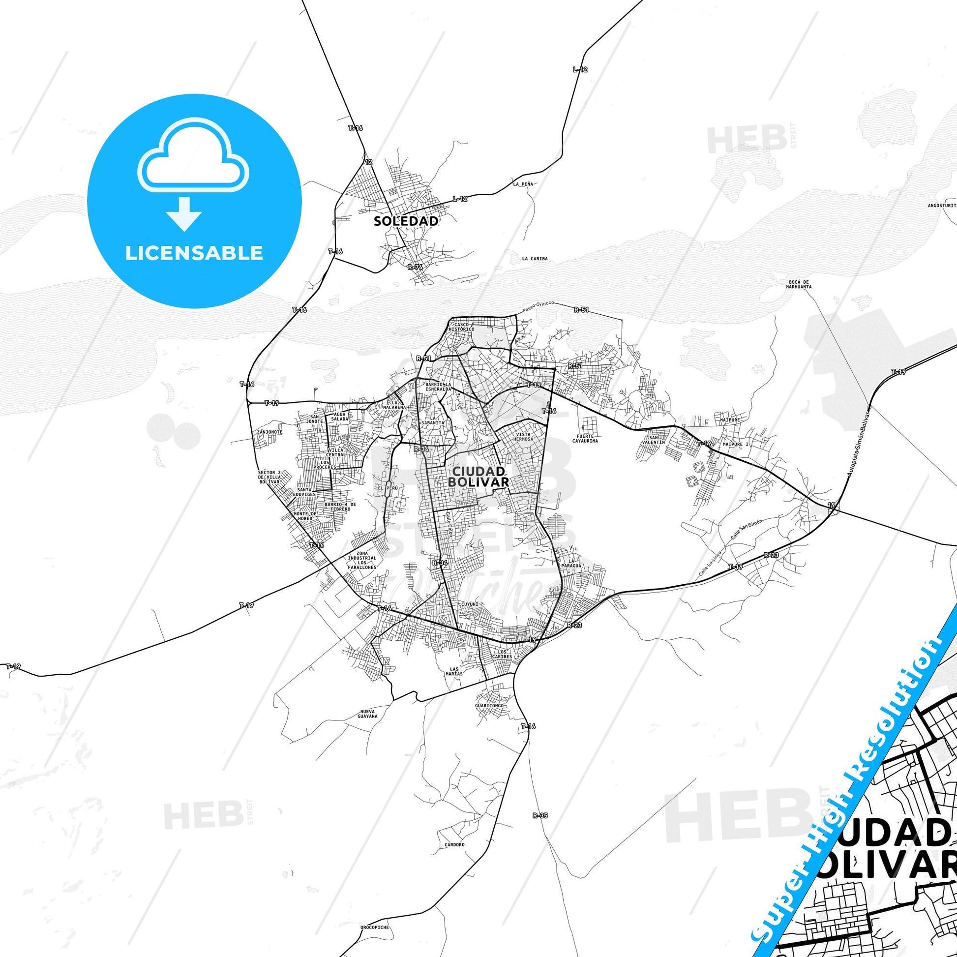 Ciudad Bolivar, Venezuela light map with streetnames, citynames and districts