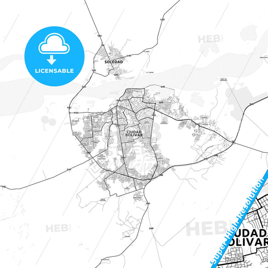 Ciudad Bolivar, Venezuela light map with streetnames, citynames and districts