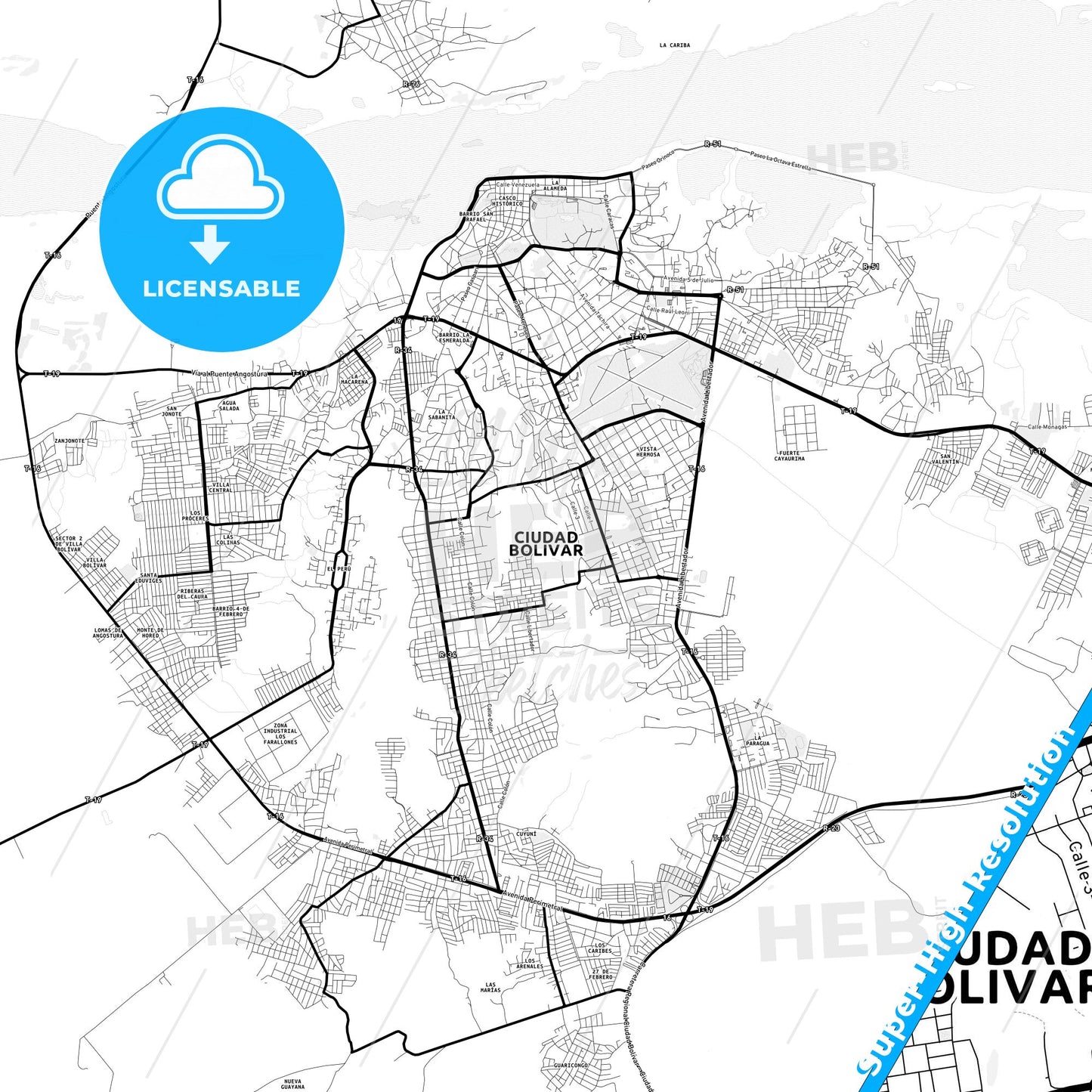 Ciudad Bolivar, Venezuela Light Map with Street Names, City Names, and Districts