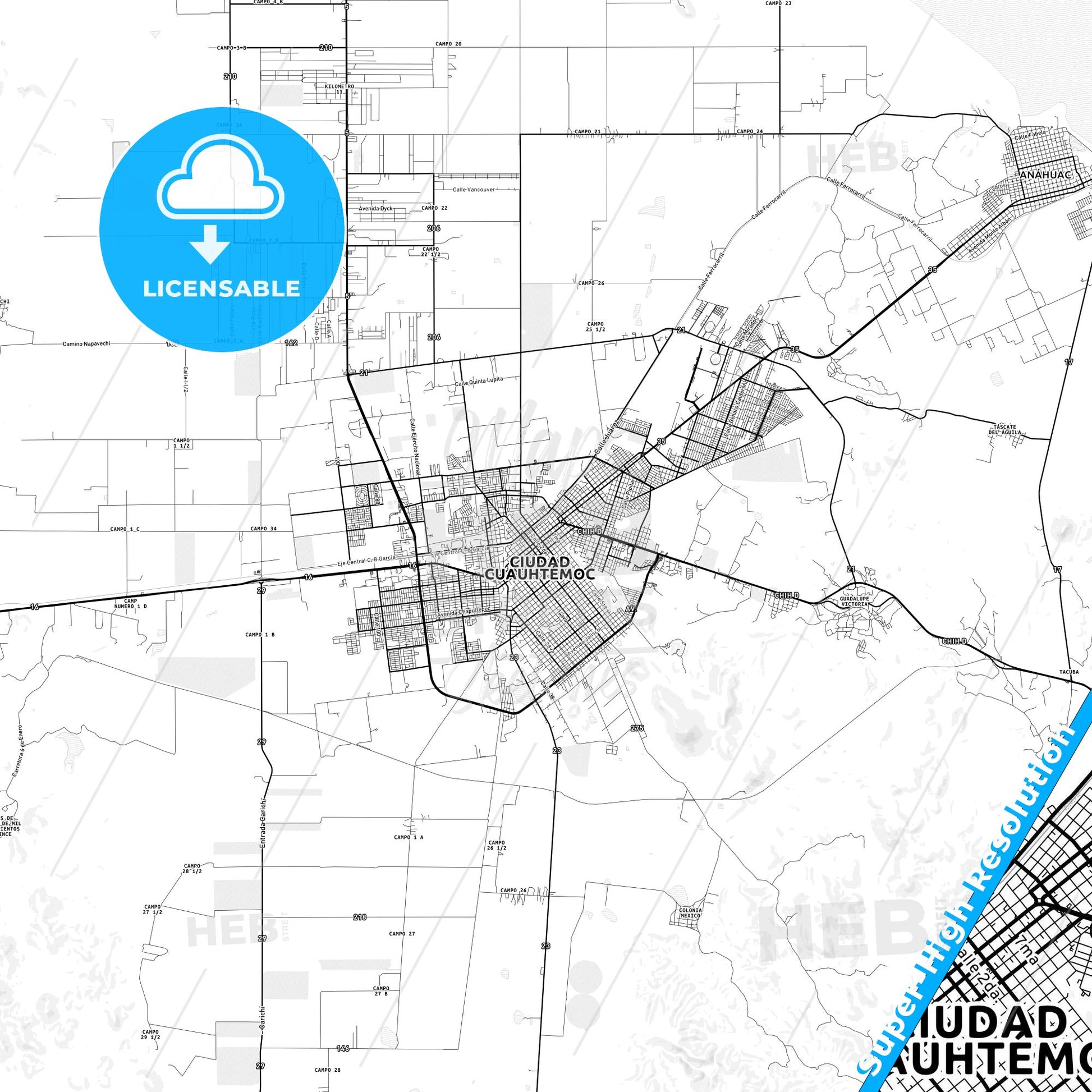 Ciudad Cuauhtémoc, Mexico light map with streetnames, citynames and districts