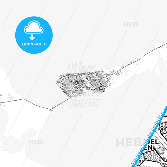 Ciudad del Carmen, Mexico light map with streetnames, citynames and districts