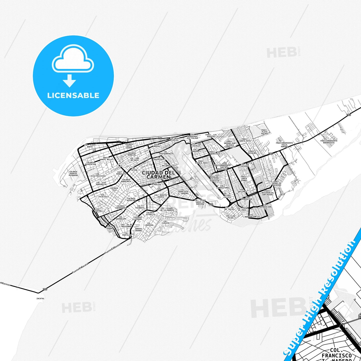Ciudad del Carmen, Mexico Light Map with Street Names, City Names, and Districts