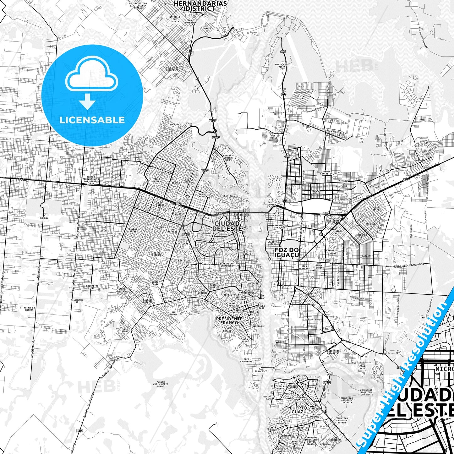 Ciudad del Este, Paraguay light map with streetnames, citynames and districts