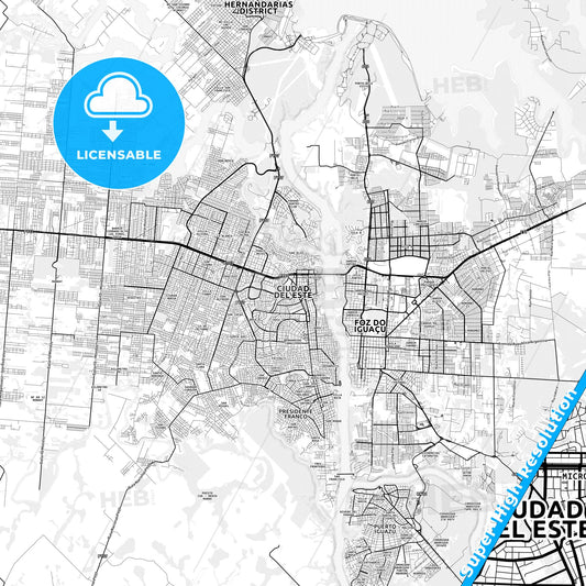 Ciudad del Este, Paraguay light map with streetnames, citynames and districts