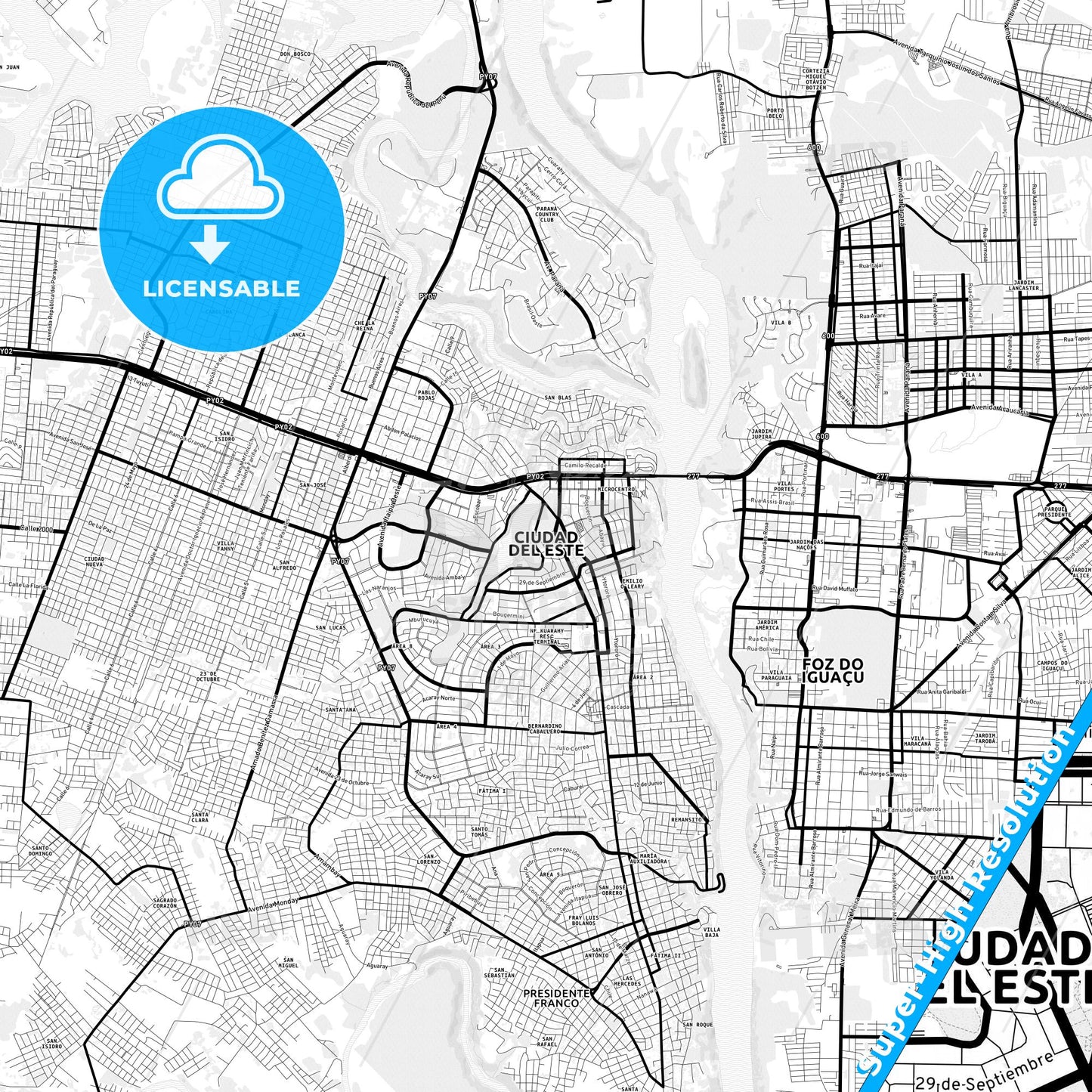 Ciudad del Este, Paraguay Light Map with Street Names, City Names, and Districts