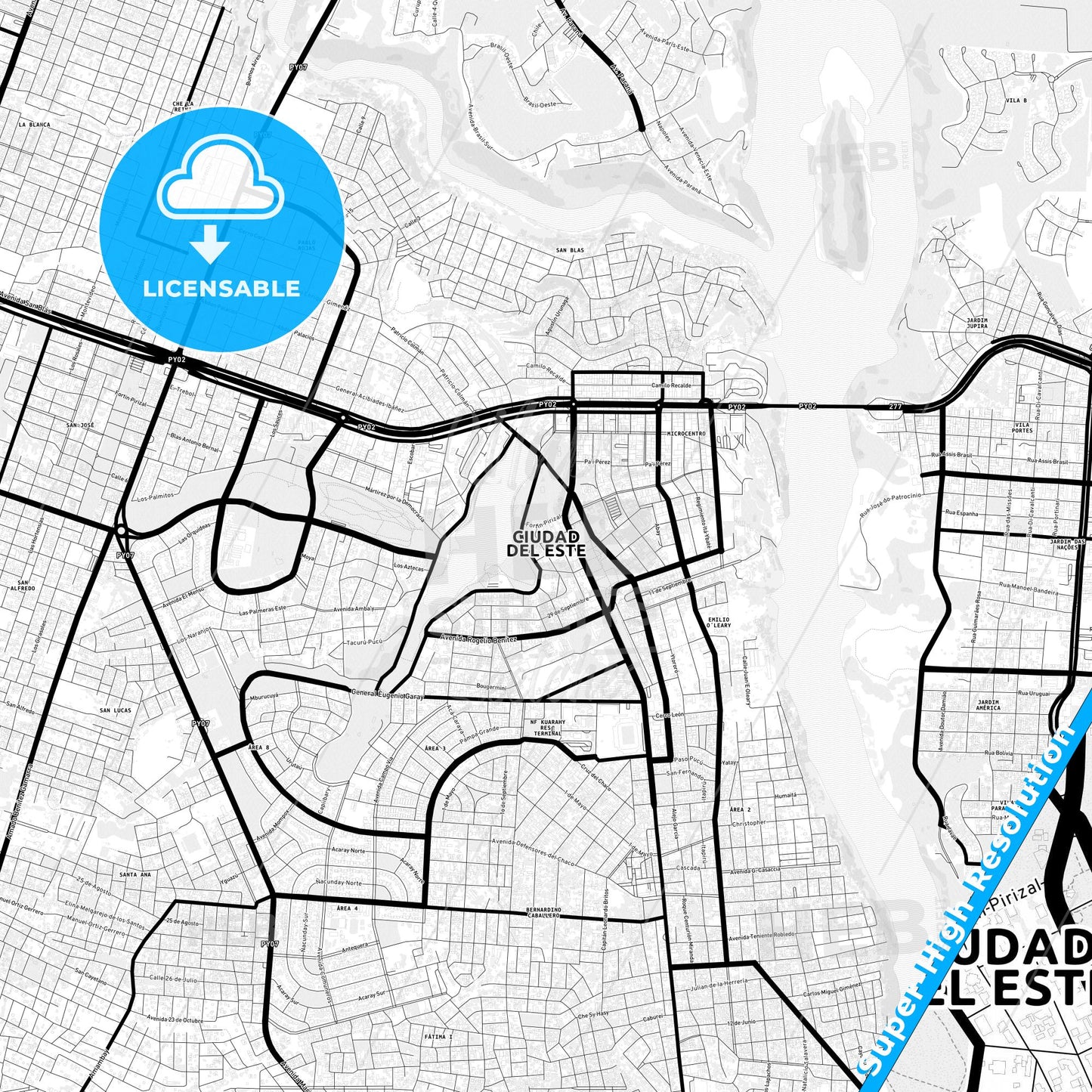 Ciudad del Este, Paraguay Light Map with Street Names, City Names, and Districts