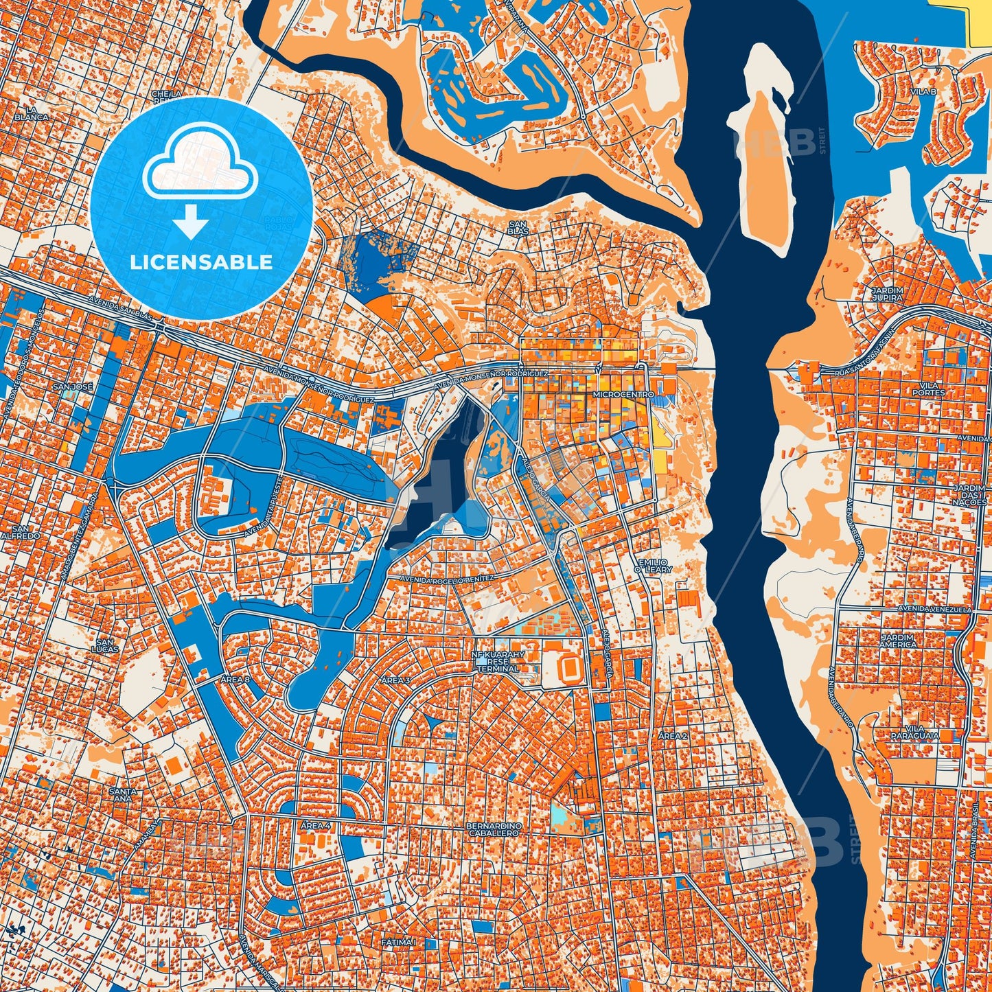 Colorful Ciudad del Este Street Map with Labels and Buildings