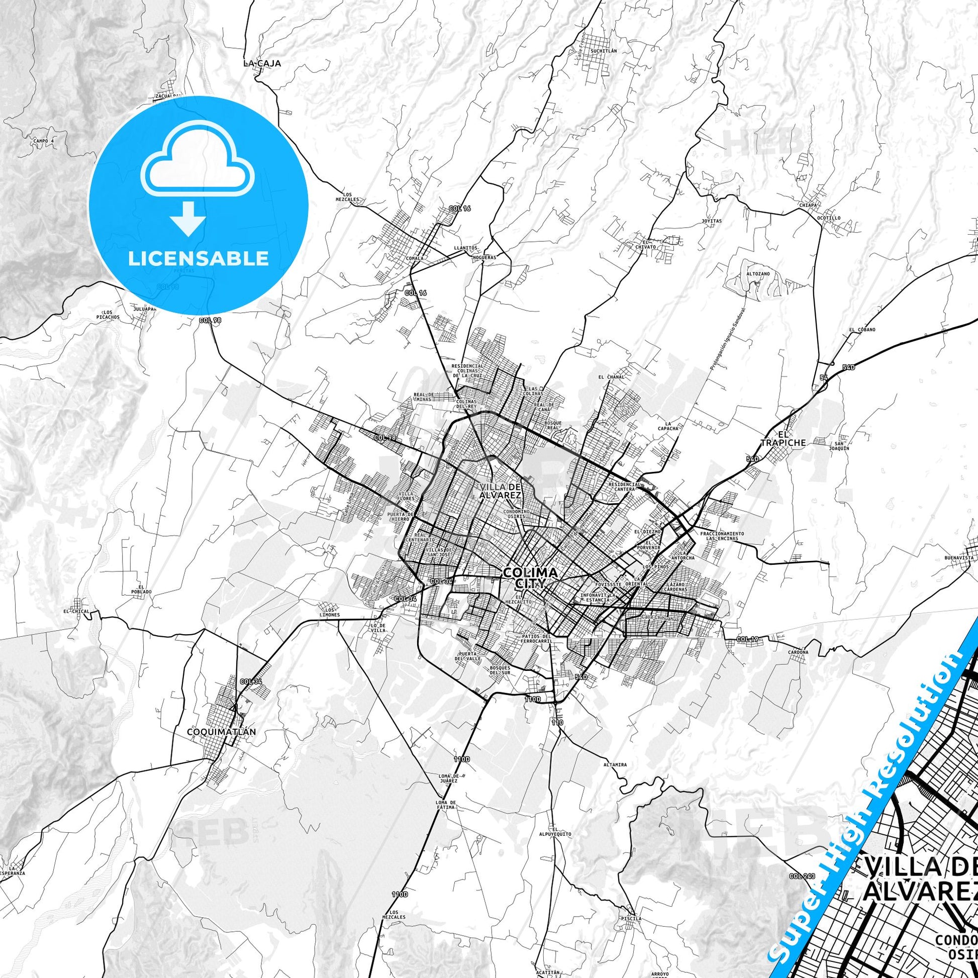 Ciudad de Villa de Álvarez, Mexico light map with streetnames, citynames and districts