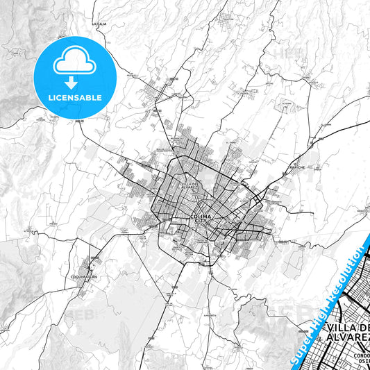 Ciudad de Villa de Álvarez, Mexico light map with streetnames, citynames and districts