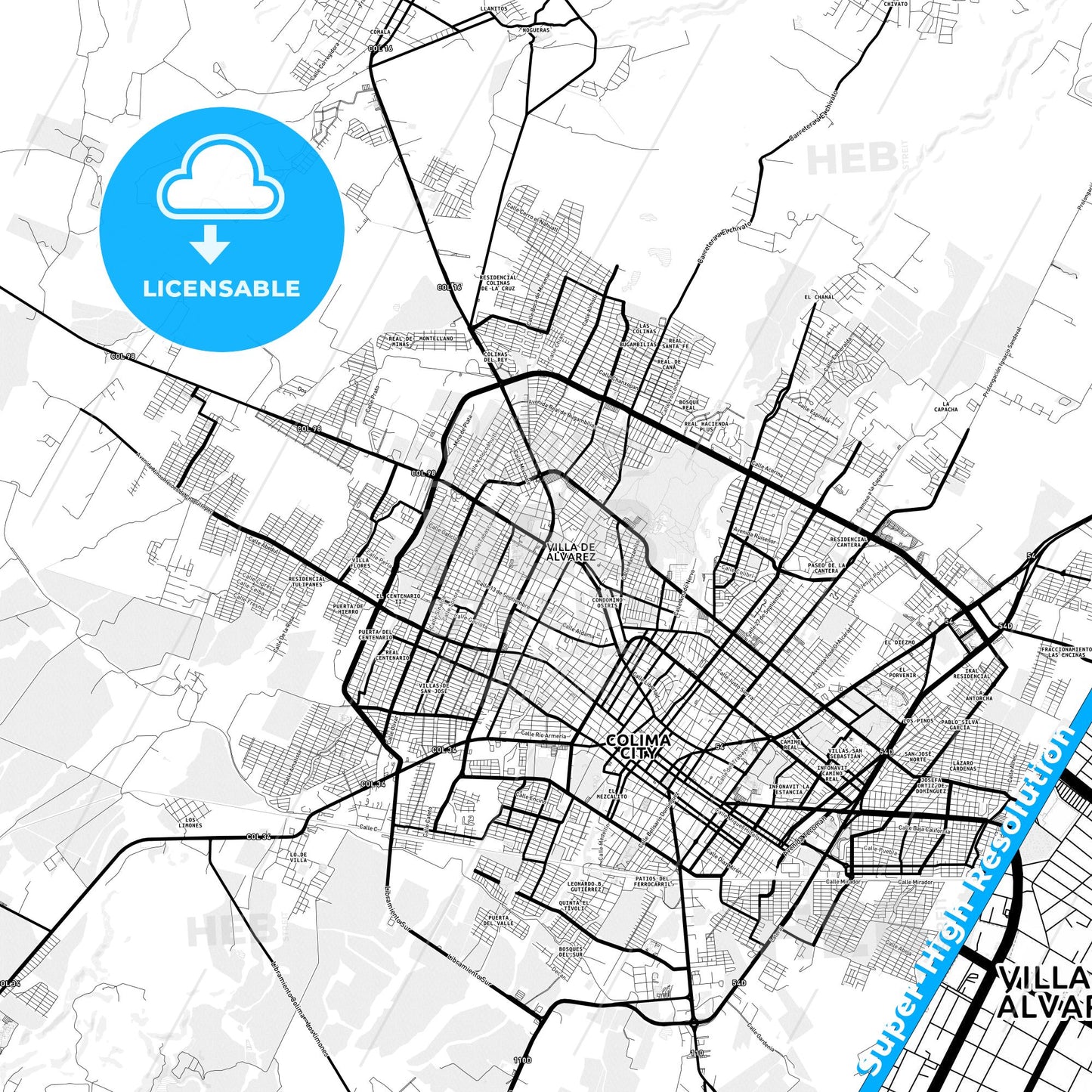 Ciudad de Villa de Álvarez, Mexico Light Map with Street Names, City Names, and Districts