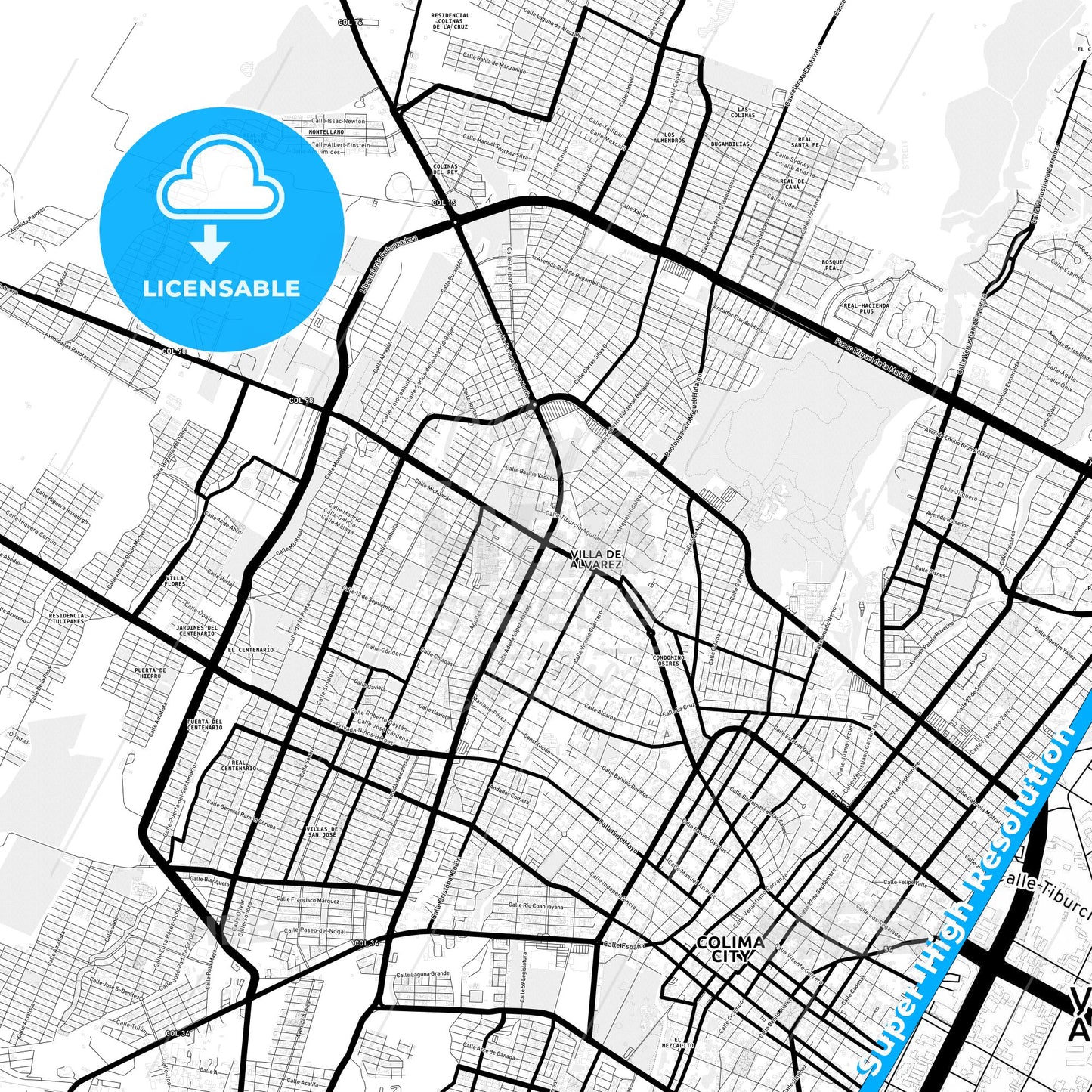 Ciudad de Villa de Álvarez, Mexico Light Map with Street Names, City Names, and Districts