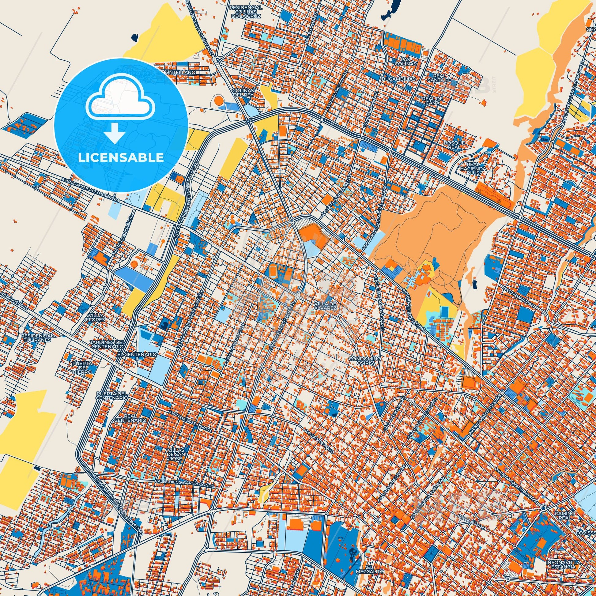 Colorful Ciudad de Villa de Álvarez Street Map with Labels and Buildings